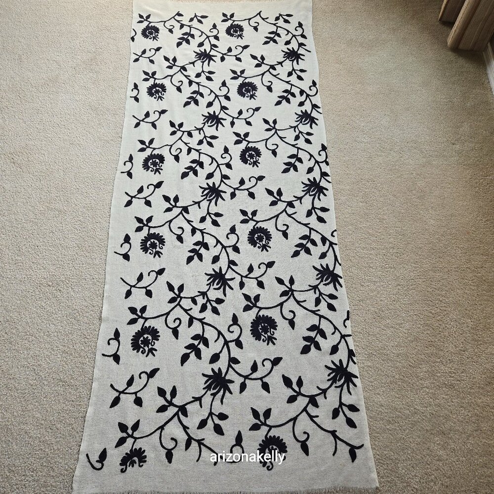 Ivory Wool Scarf with Black Chain Stitch Embroidery - Picture 3 of 14